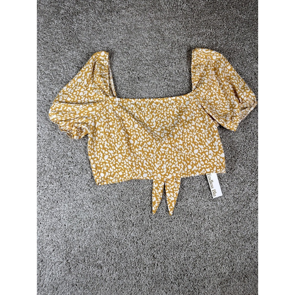 Endless Blu NWT Cropped Top Sz L Yellow Bow Detail Printed Coquette‎ Boho Casual